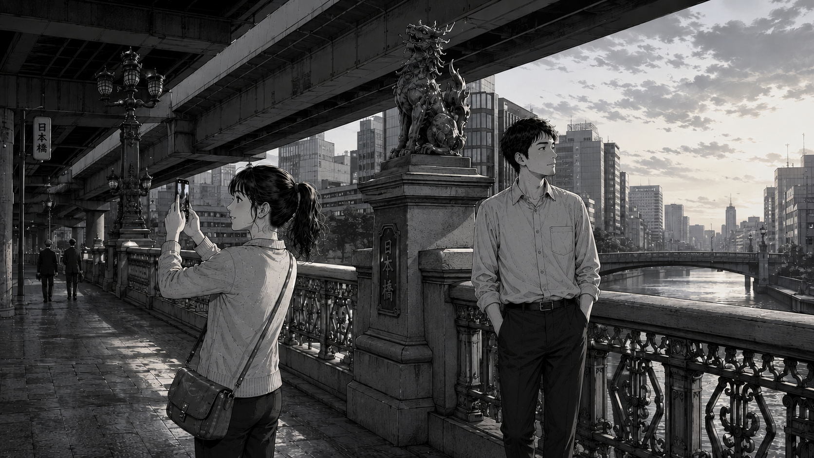 หกโมงเช้าที่นิฮงบาชิ มุกถ่ายรูป ทาคุมิพิงราวสะพาน — รูปปั้นกิรินและทางด่วนชูโต รุ่งอรุณของโตเกียว