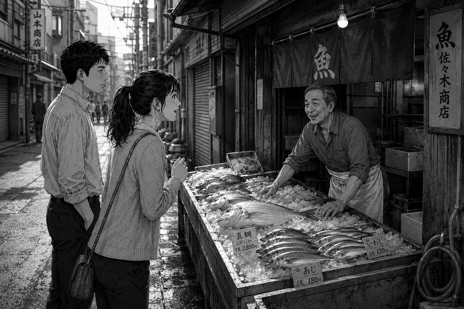 ลุงร้านปลาในตรอกนิฮงบาชิ ชี้ไปที่ปลาเรียงน้ำแข็ง — มุกและทาคุมิขอความช่วยเหลือยามเช้า