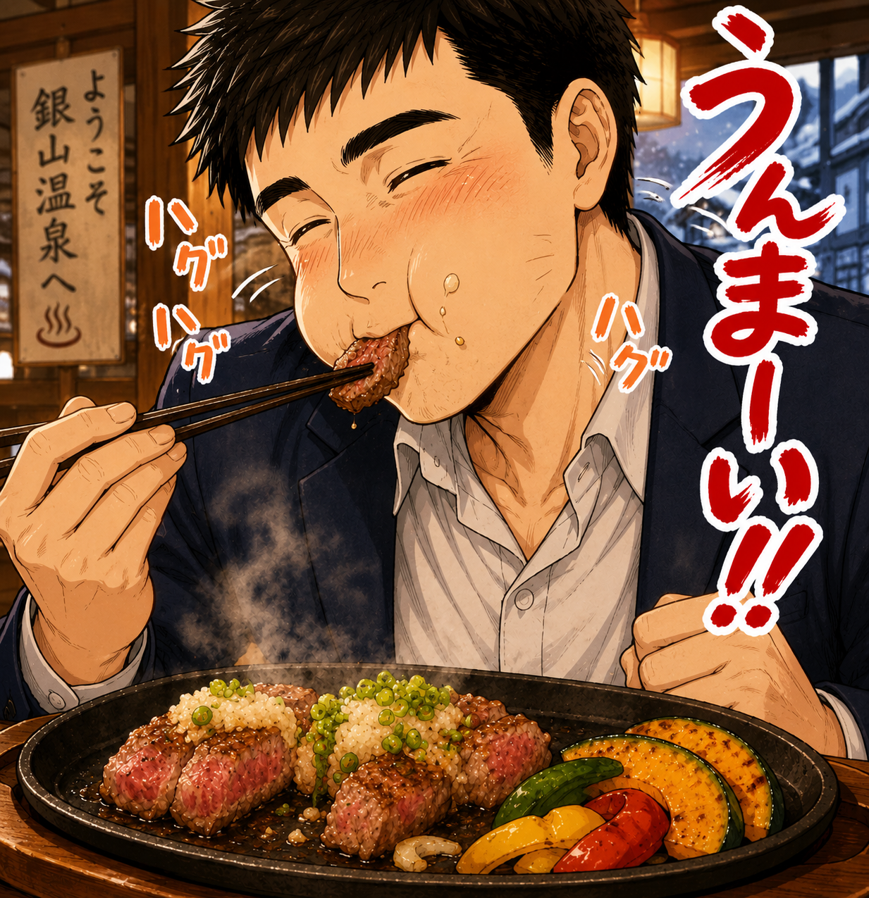 ทาคุมิกำลังกินสเต๊กเนื้อวัวยามากาตะร้อนๆ อย่างเอร็ดอร่อย (อร่อยมาก!!)