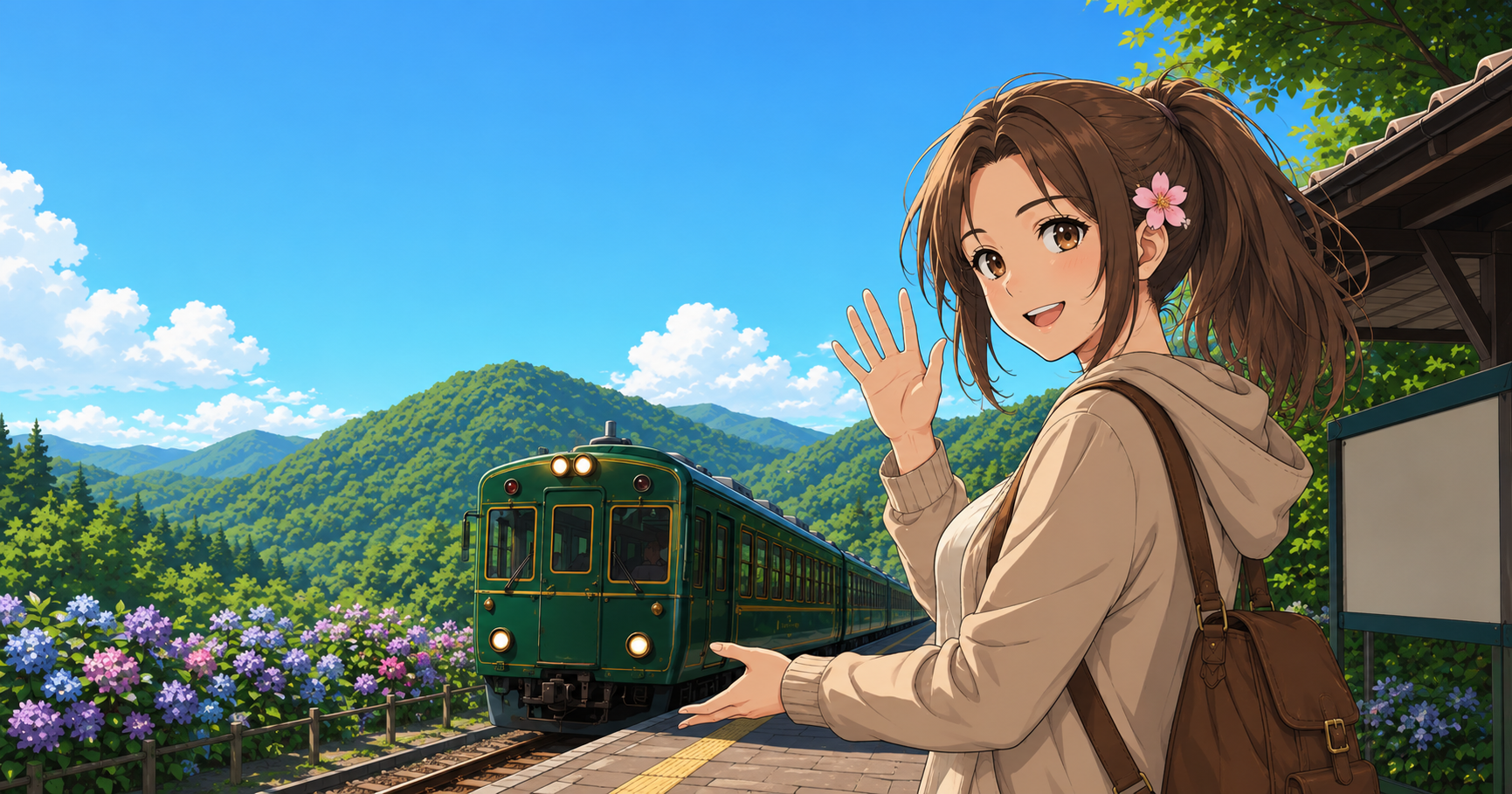 มุกโบกมือต้อนรับ ก่อนออกเดินทางทัวร์คิวชูวันเดียว นั่งรถไฟชมวิวสีเขียวสไตล์ย้อนยุค