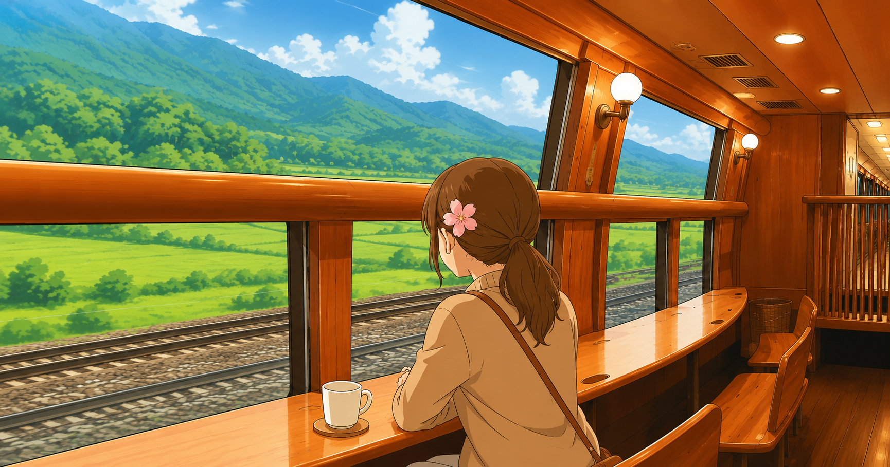 ภายในรถไฟชมวิวตกแต่งด้วยไม้ มองวิวทุ่งเขียวและภูเขาผ่านหน้าต่างบานใหญ่