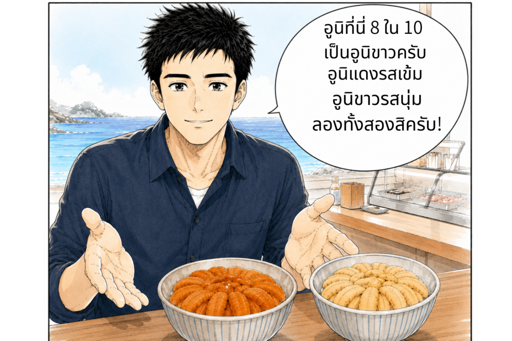 ทาคุมิอธิบายความต่างของอูนิแดงและอูนิขาว
