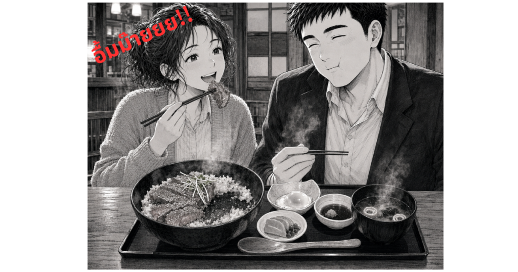 มุกและทาคุมิกินข้าวหน้าสเต๊กเนื้ออาชิการะที่ฮาโกเนะ