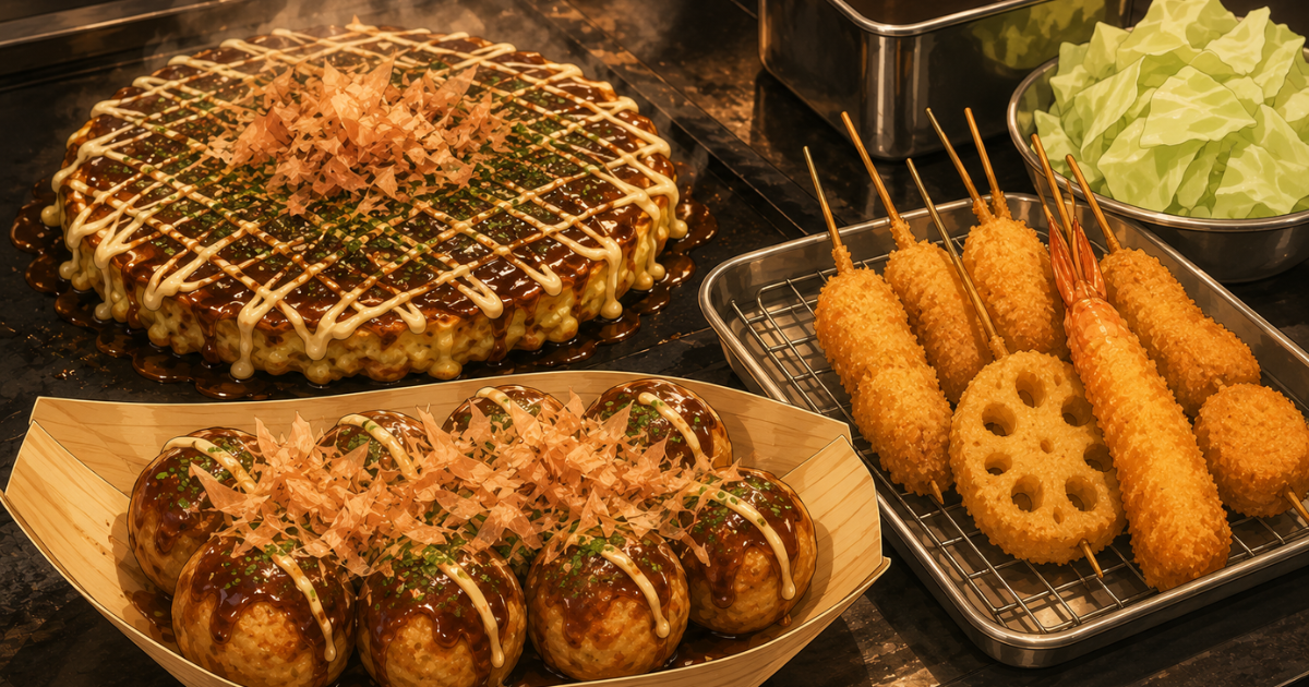 ของกินโอซาก้าสามอย่างดัง ทาโกะยากิ โอโคโนมิยากิ คุชิคัตสึ